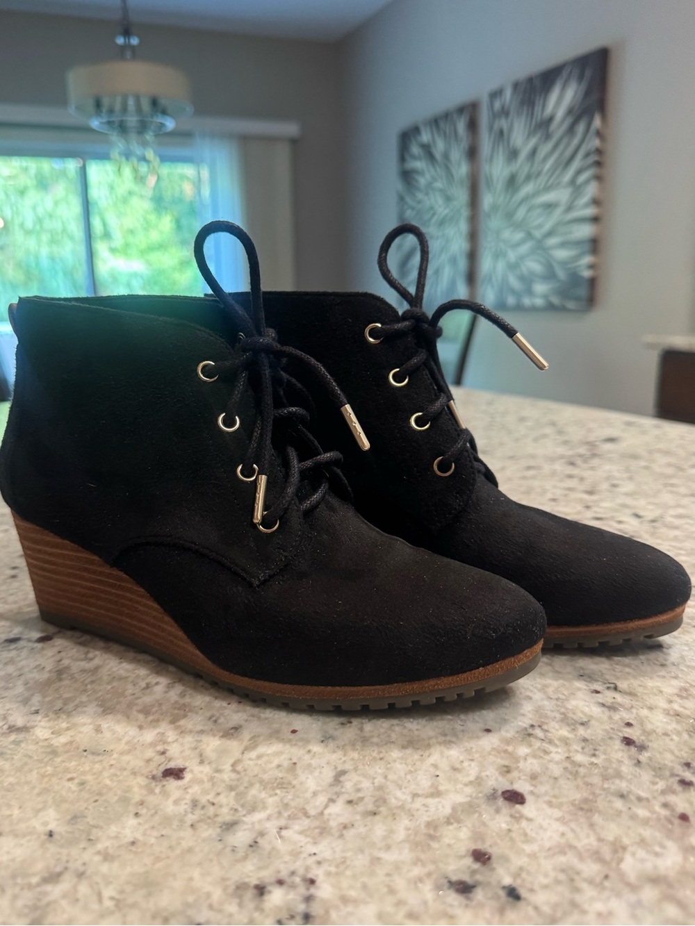Black Suede Wedge Ankle Bootie - Lace-Up